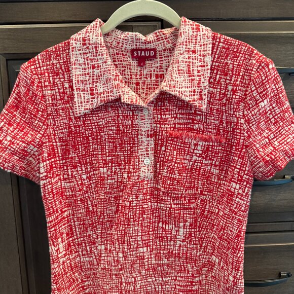 STAUD Flying Crosshatch Polo Mini Dress Red Textured Knit Collared Retro Mod 4 - Picture 5 of 11